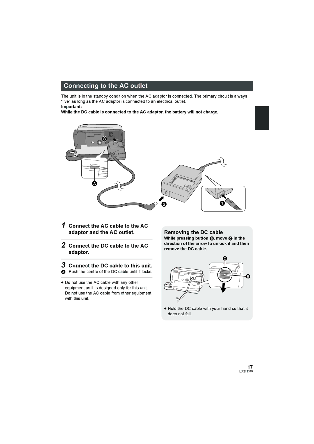 Panasonic SDR-H50 operating instructions Connecting to the AC outlet, Connect the DC cable to this unit 