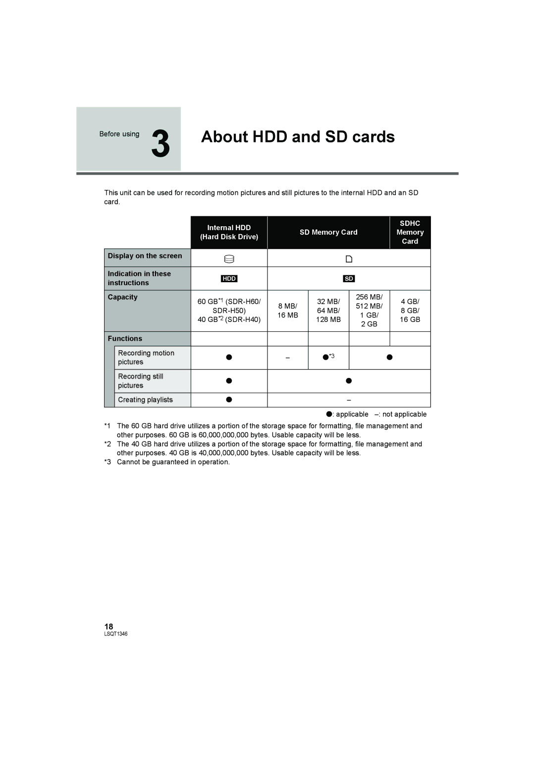 Panasonic SDR-H50 Before using 3 About HDD and SD cards, Display on the screen Indication in these, Instructions Capacity 