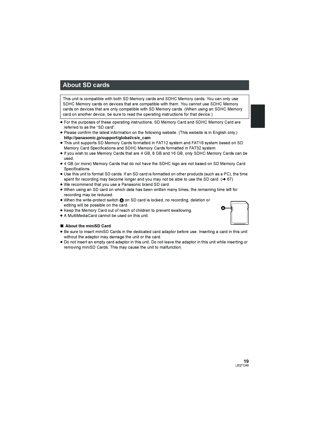 Panasonic SDR-H50 operating instructions About SD cards, Http//panasonic.jp/support/global/cs/ecam, About the miniSD Card 