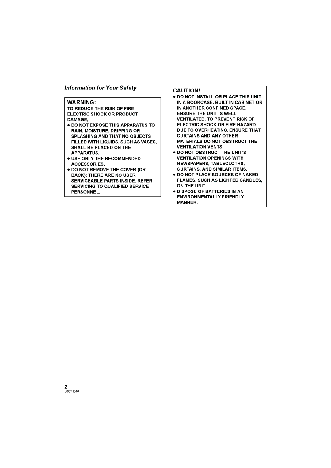 Panasonic SDR-H50 operating instructions Information for Your Safety 