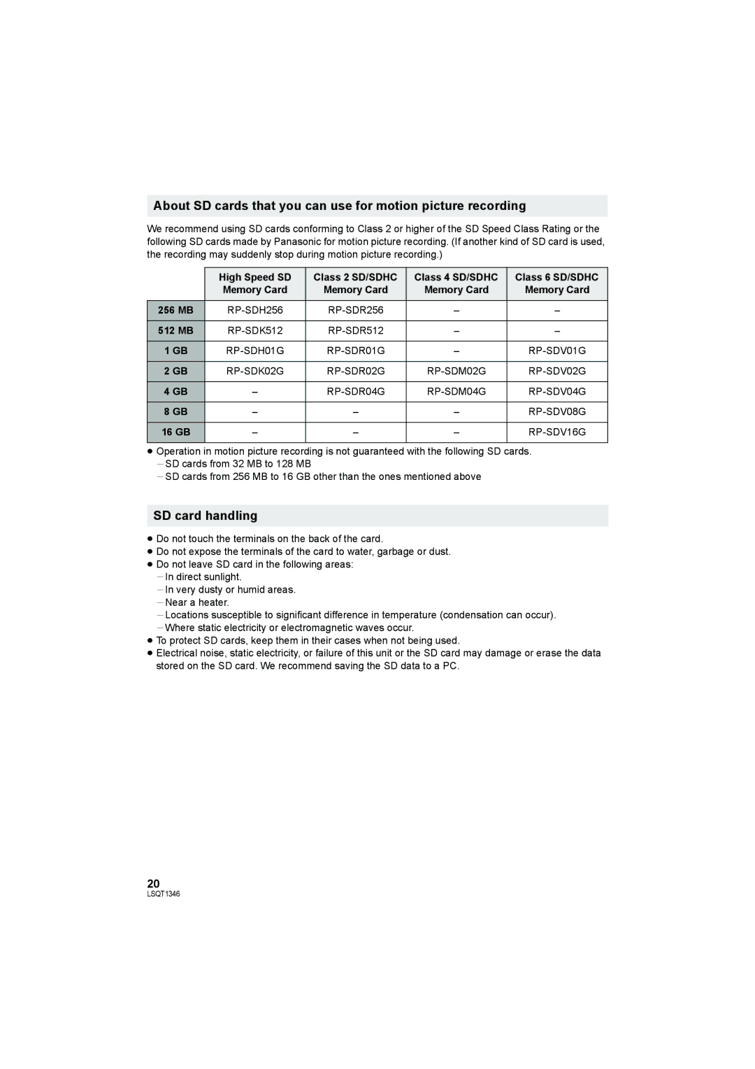 Panasonic SDR-H50 operating instructions SD card handling, 16 GB 