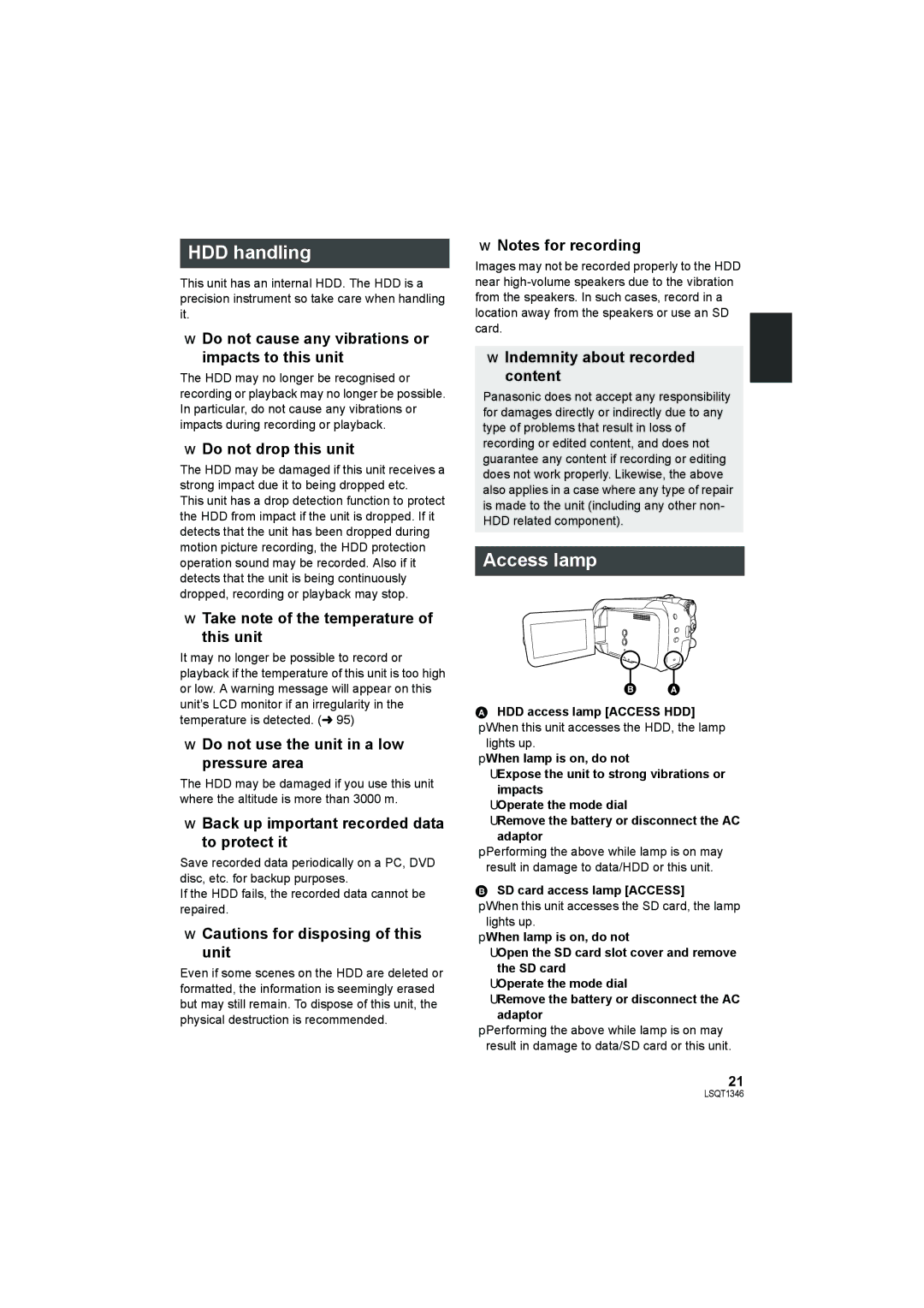 Panasonic SDR-H50 operating instructions HDD handling, Access lamp 