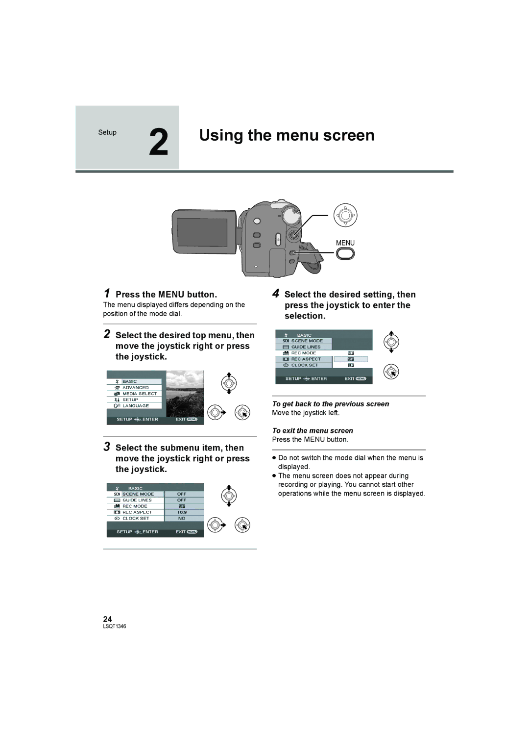 Panasonic SDR-H50 Setup 2 Using the menu screen, Press the Menu button, To get back to the previous screen 