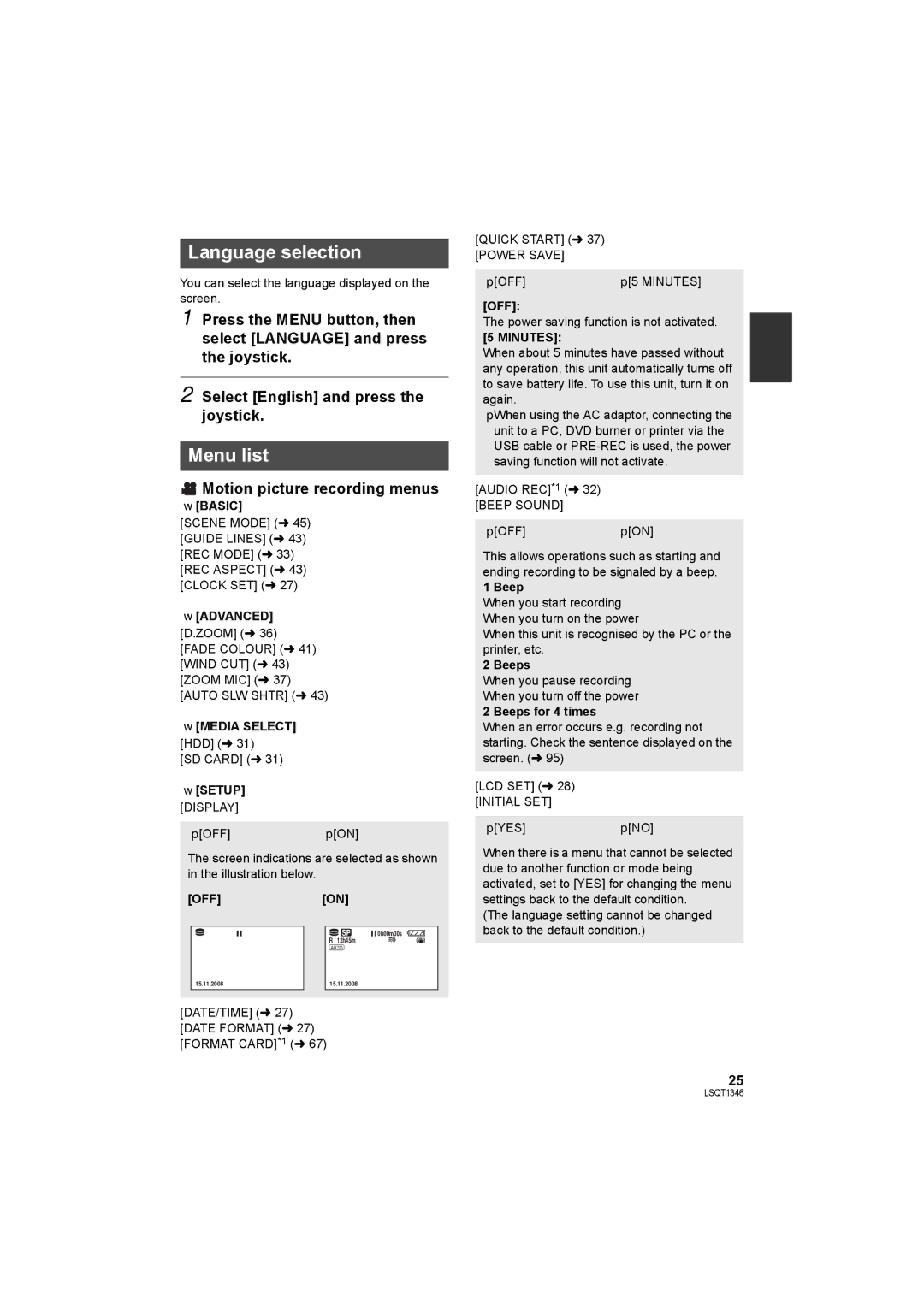 Panasonic SDR-H50 operating instructions Language selection, Menu list, Motion picture recording menus 