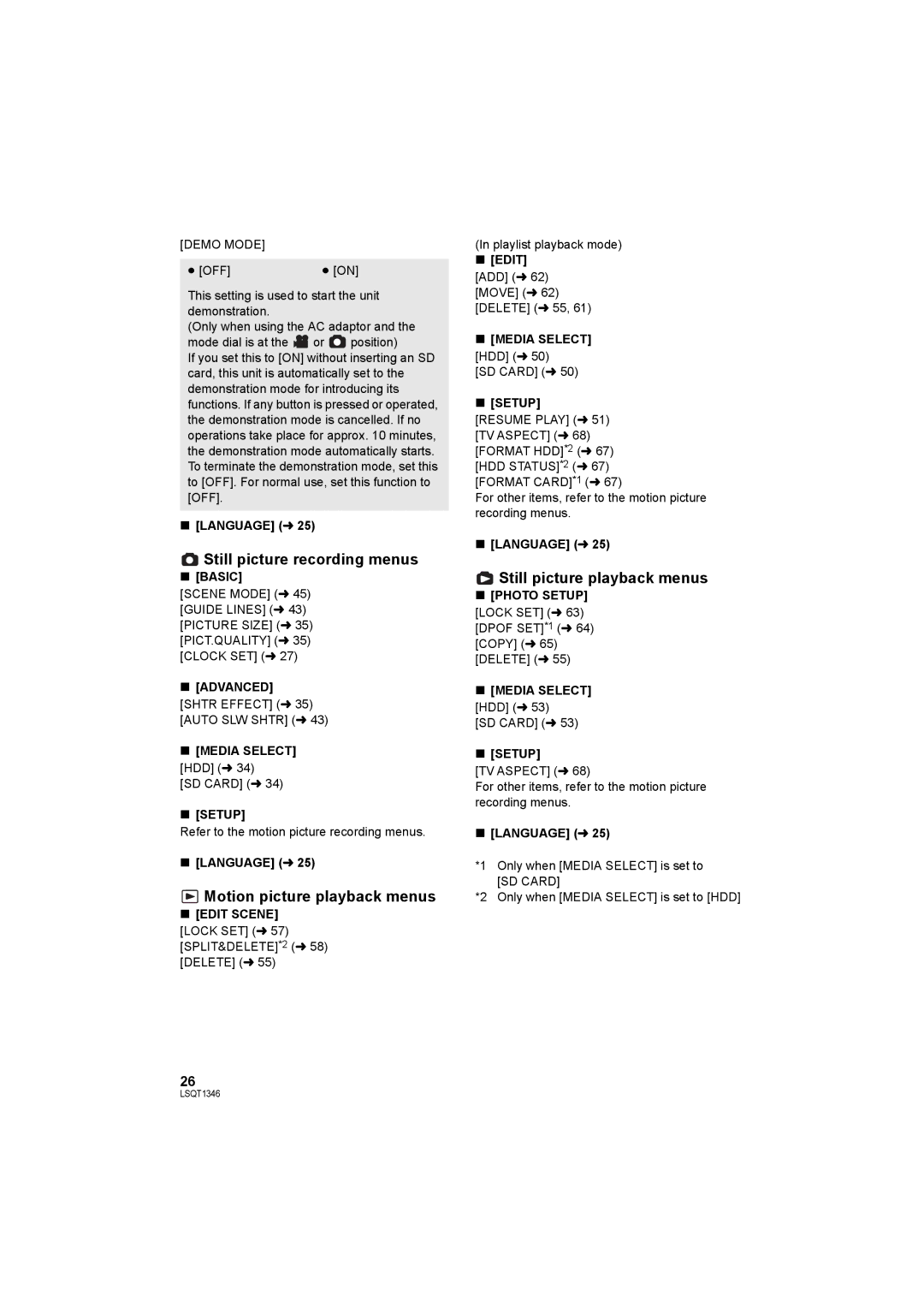 Panasonic SDR-H50 Still picture recording menus, Motion picture playback menus, Still picture playback menus, Edit Scene 