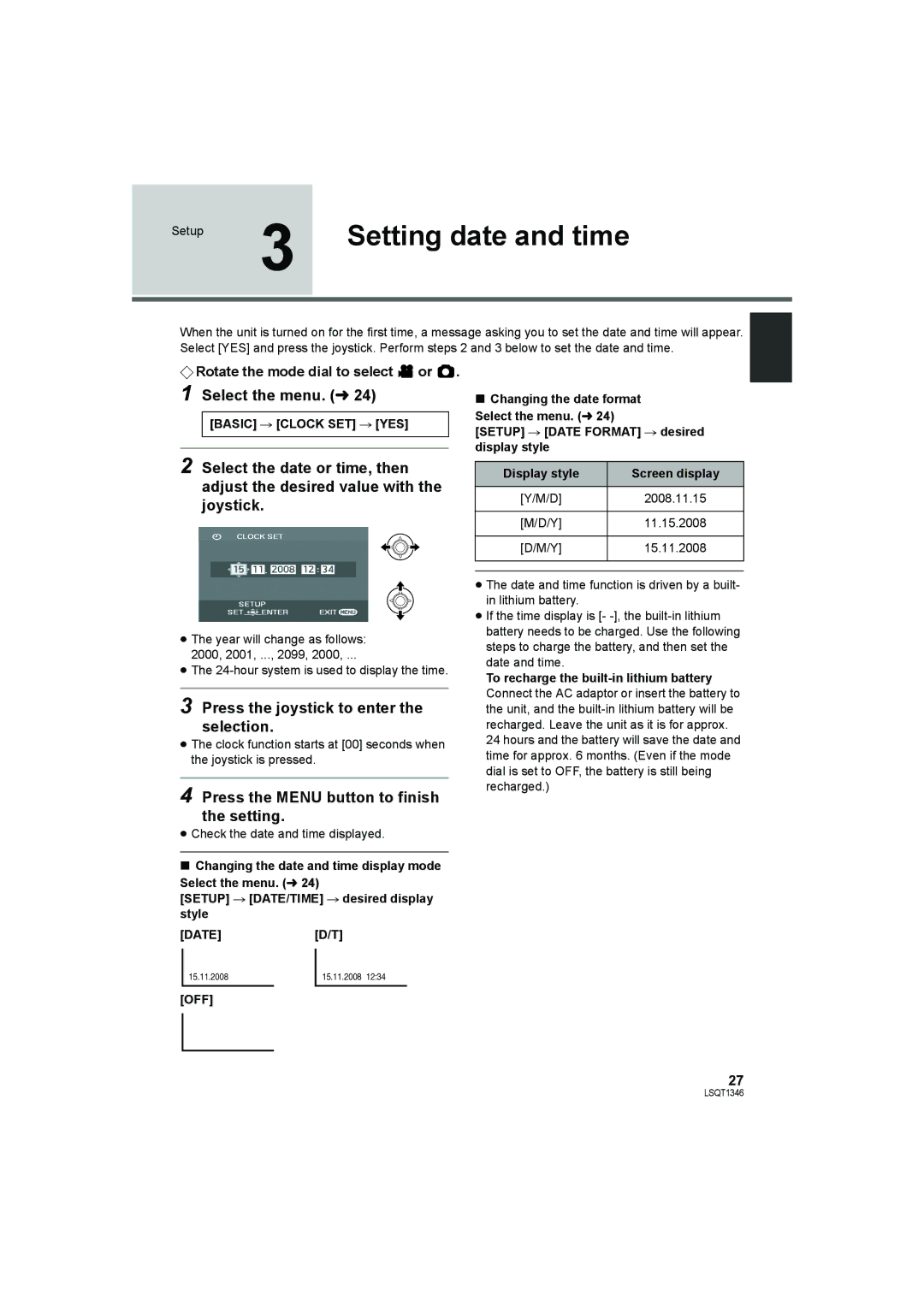 Panasonic SDR-H50 Setting date and time, Select the menu. l, Press the joystick to enter the selection 