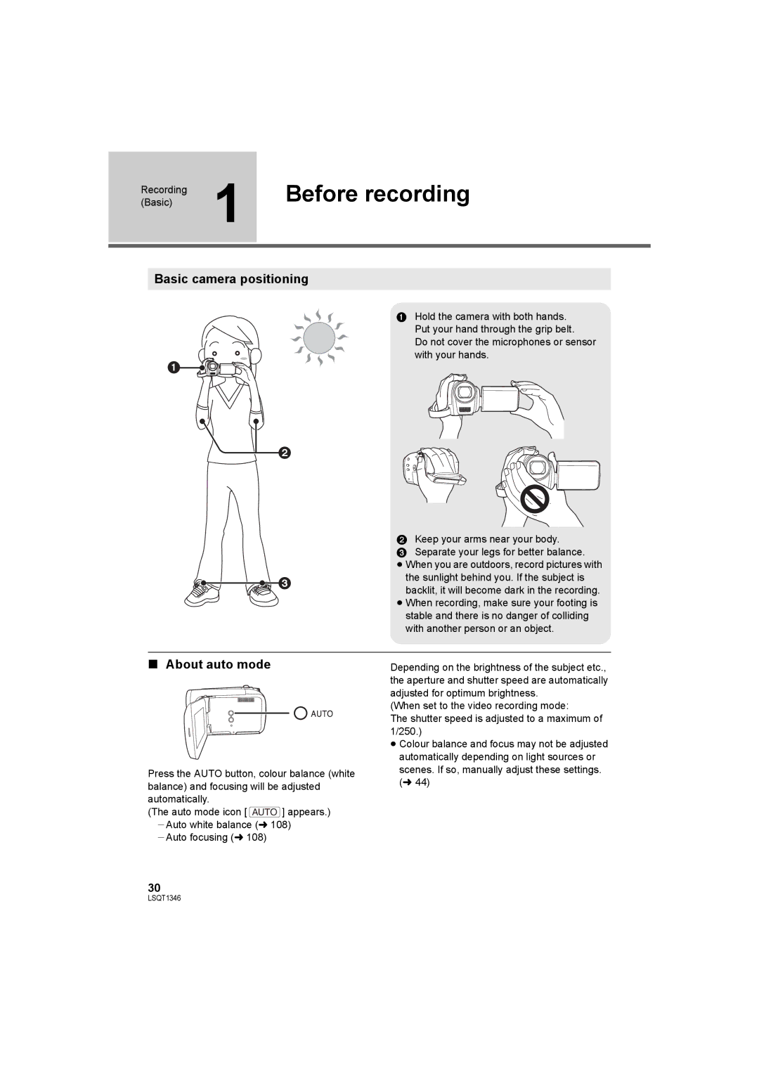 Panasonic SDR-H50 operating instructions Before recording, Basic camera positioning, About auto mode 