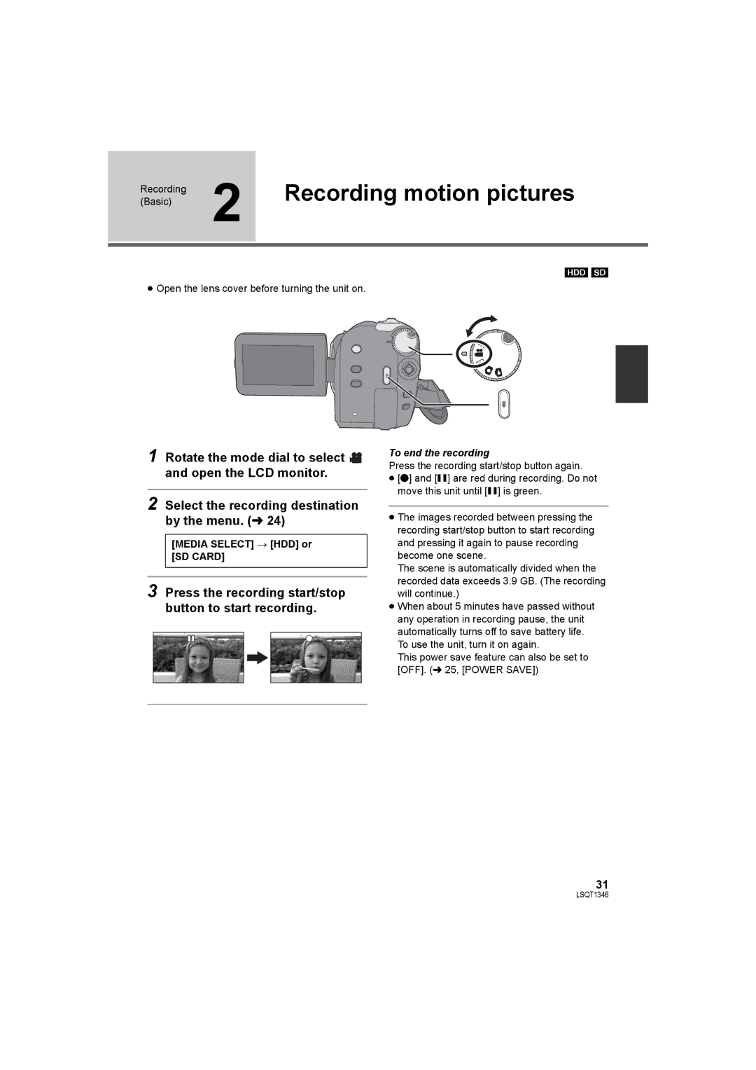 Panasonic SDR-H50 Recording motion pictures, Press the recording start/stop button to start recording 