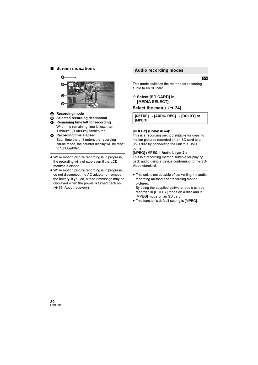 Panasonic SDR-H50 Screen indications, Audio recording modes, Select the menu. l24, ¬ Select SD Card in Media Select 