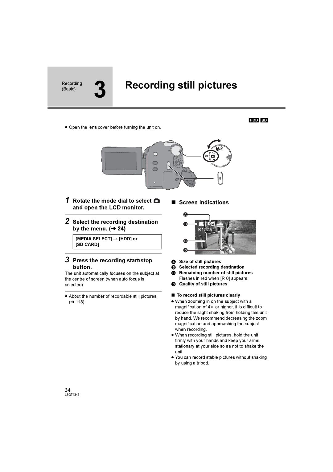 Panasonic SDR-H50 operating instructions Recording still pictures, Press the recording start/stop button 