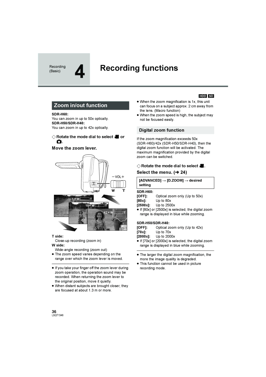 Panasonic SDR-H50 Recording functions, Zoom in/out function, Move the zoom lever, Digital zoom function 