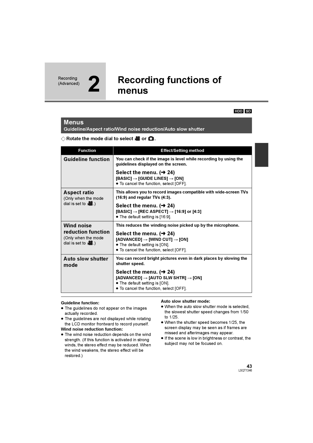 Panasonic SDR-H50 operating instructions MenusRecording functions 