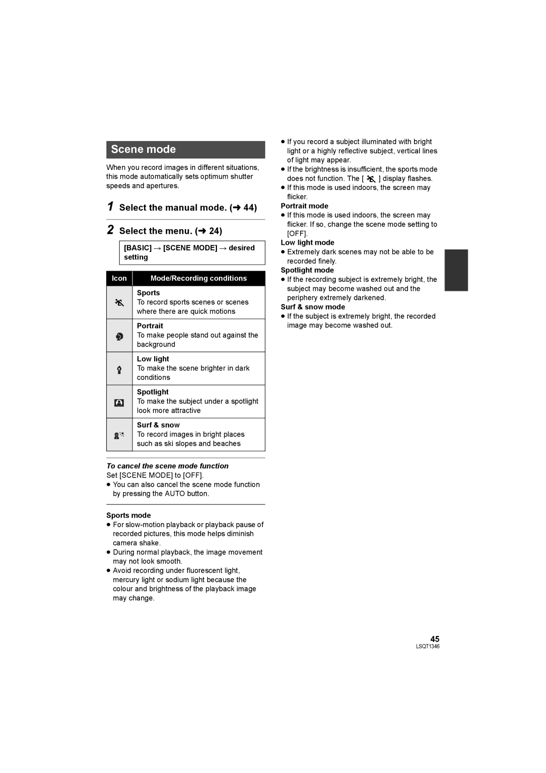 Panasonic SDR-H50 Scene mode, Select the manual mode. l44 Select the menu. l, To cancel the scene mode function 