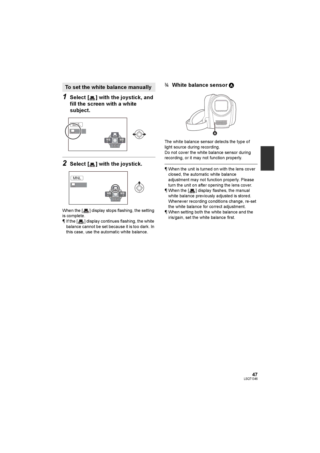 Panasonic SDR-H50 operating instructions White balance sensor a, When the display stops flashing, the setting is complete 