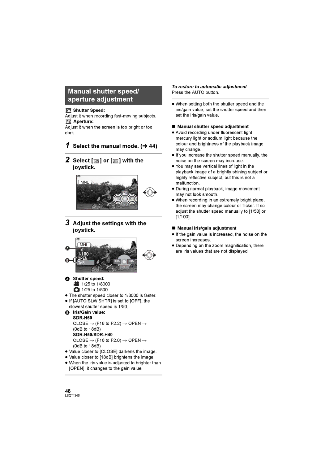 Panasonic SDR-H50 Manual shutter speed/ aperture adjustment, Select the manual mode. l44 Select or with Joystick 