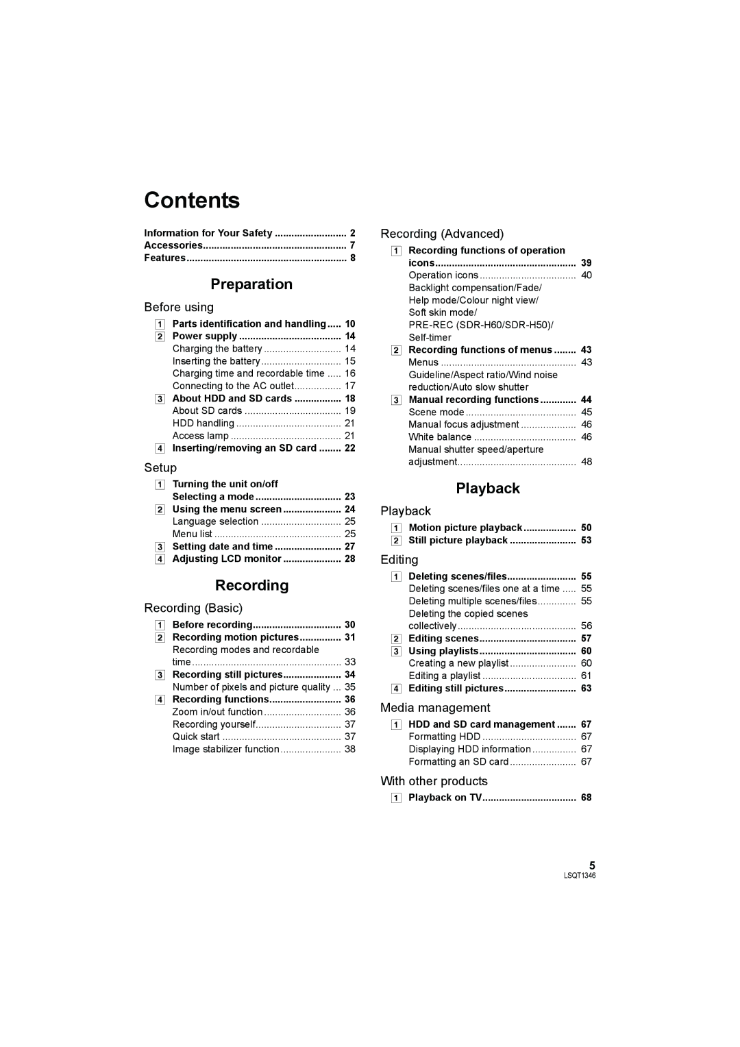 Panasonic SDR-H50 operating instructions Contents 