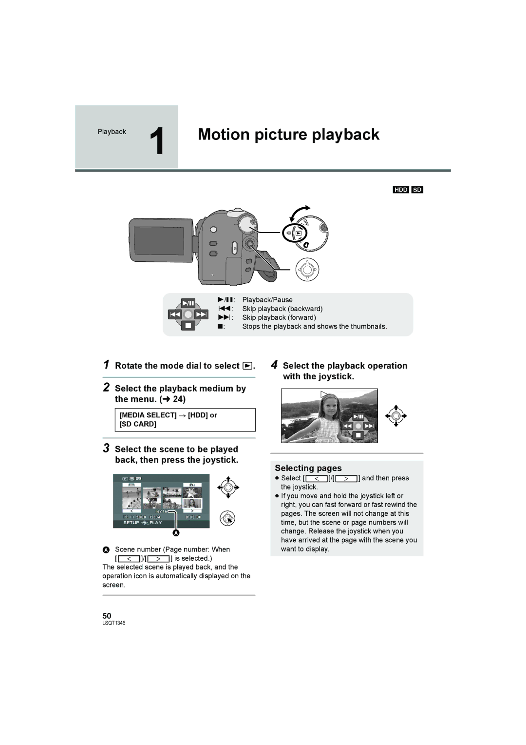 Panasonic SDR-H50 Motion picture playback, Select the scene to be played back, then press the joystick 