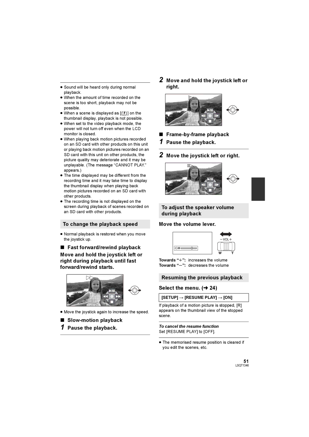 Panasonic SDR-H50 operating instructions To change the playback speed, Resuming the previous playback Select the menu. l24 