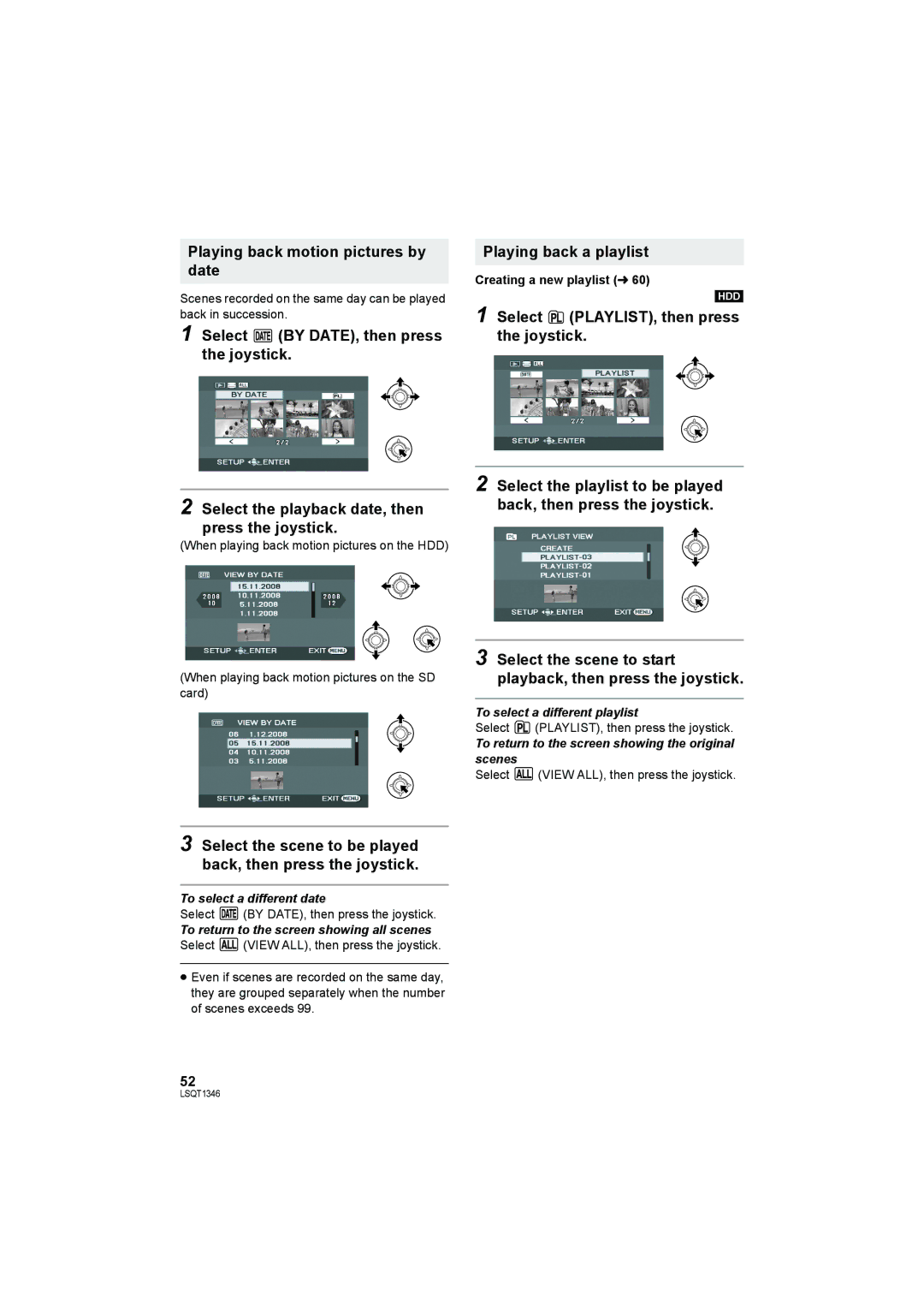 Panasonic SDR-H50 operating instructions Playing back motion pictures by date, Playing back a playlist 