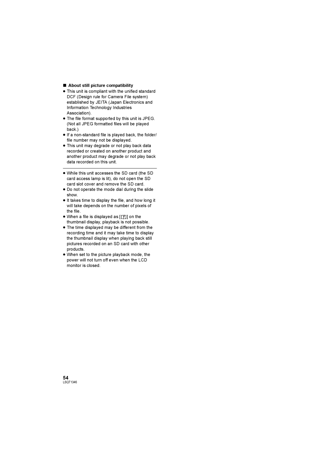 Panasonic SDR-H50 operating instructions About still picture compatibility 