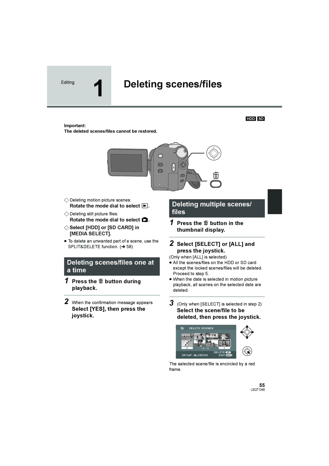 Panasonic SDR-H50 Deleting scenes/files one at Time, Deleting multiple scenes/ files, Press the button during playback 