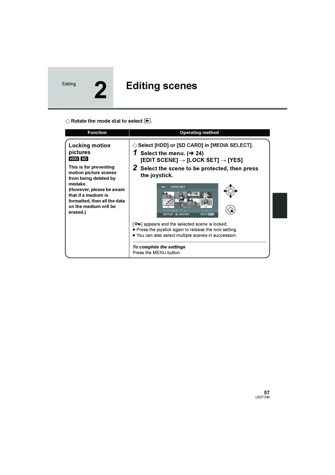 Panasonic SDR-H50 Editing scenes, Locking motion pictures, Select the scene to be protected, then press the joystick 