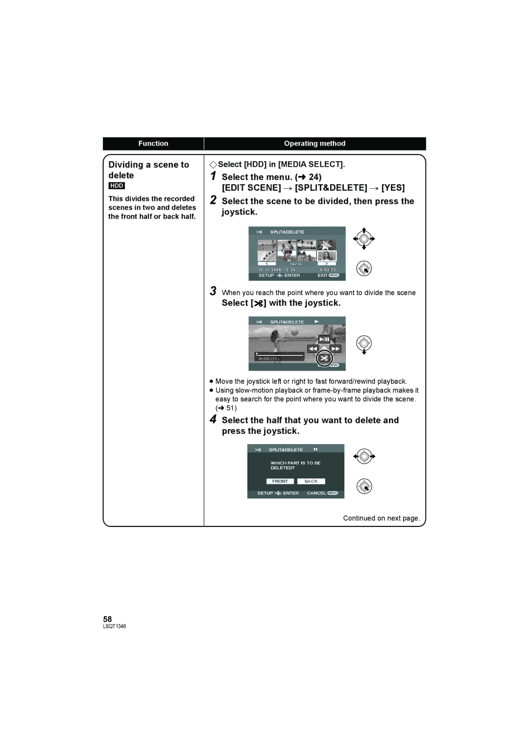 Panasonic SDR-H50 Dividing a scene to delete, Select the scene to be divided, then press the joystick 