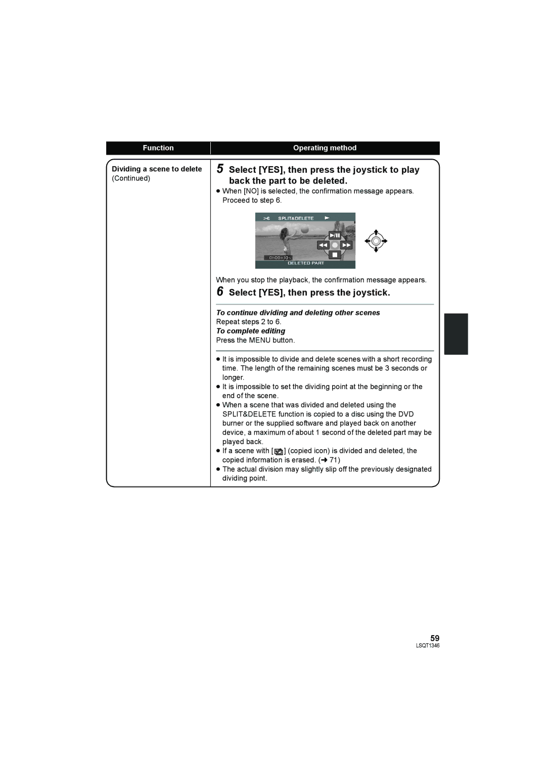 Panasonic SDR-H50 operating instructions Dividing a scene to delete, To continue dividing and deleting other scenes 