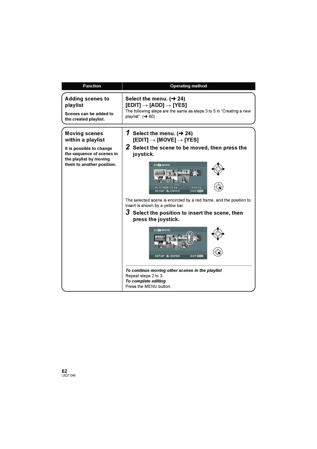 Panasonic SDR-H50 Adding scenes to playlist, Select the menu. l24 Edit # ADD # YES, Moving scenes within a playlist 