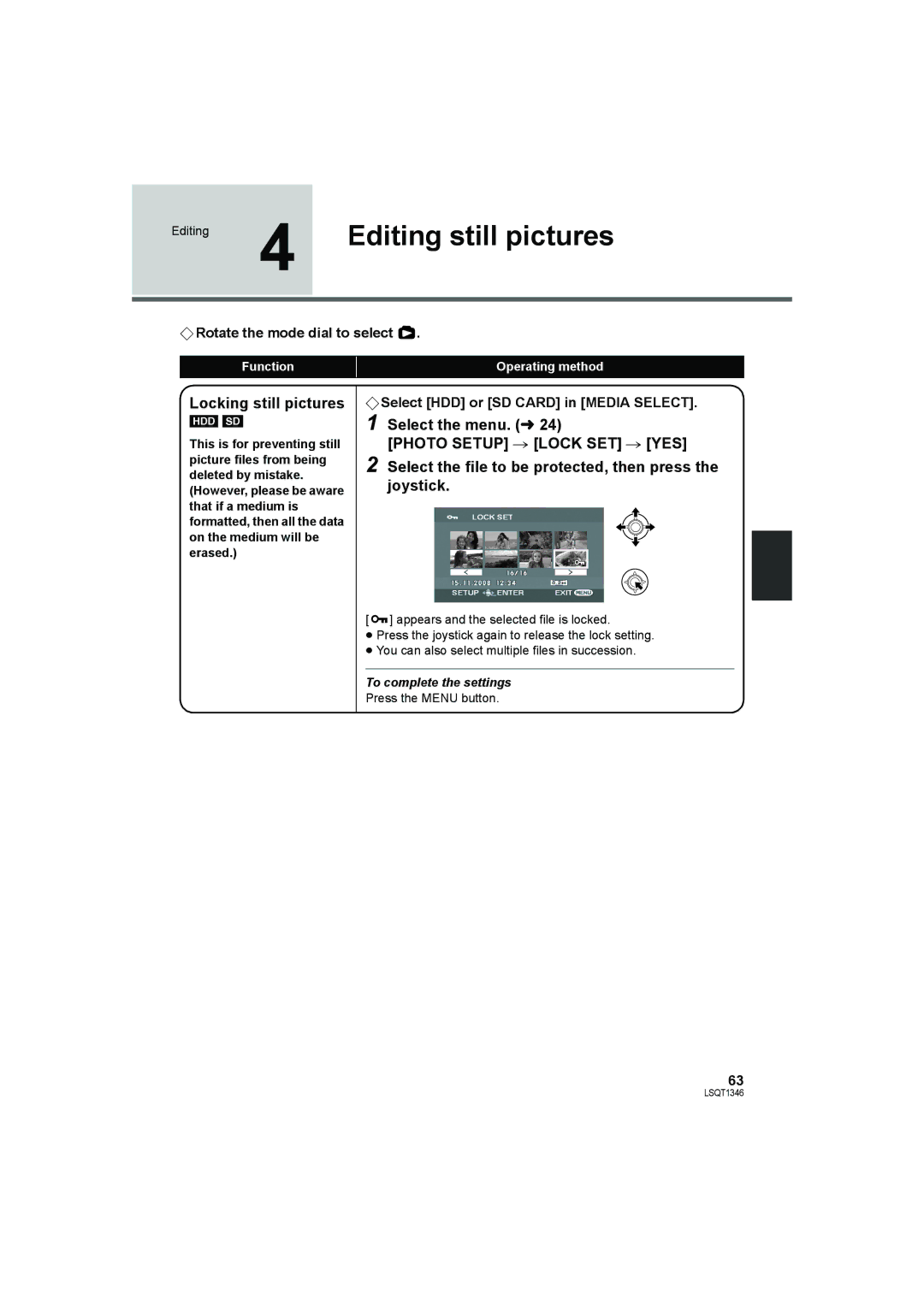 Panasonic SDR-H50 Editing still pictures, Locking still pictures, Select the file to be protected, then press the joystick 