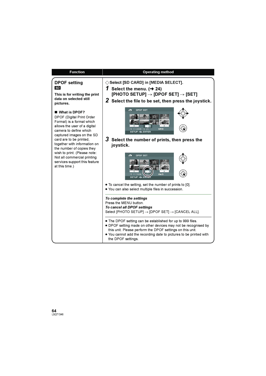 Panasonic SDR-H50 operating instructions To cancel all Dpof settings 