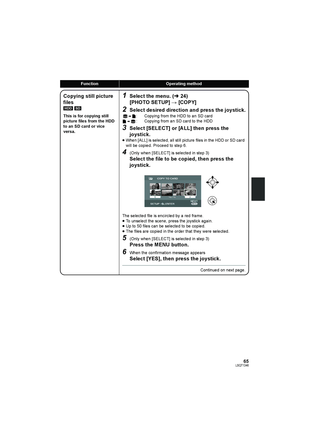 Panasonic SDR-H50 operating instructions Copying still picture files, Select Select or ALL then press the joystick 