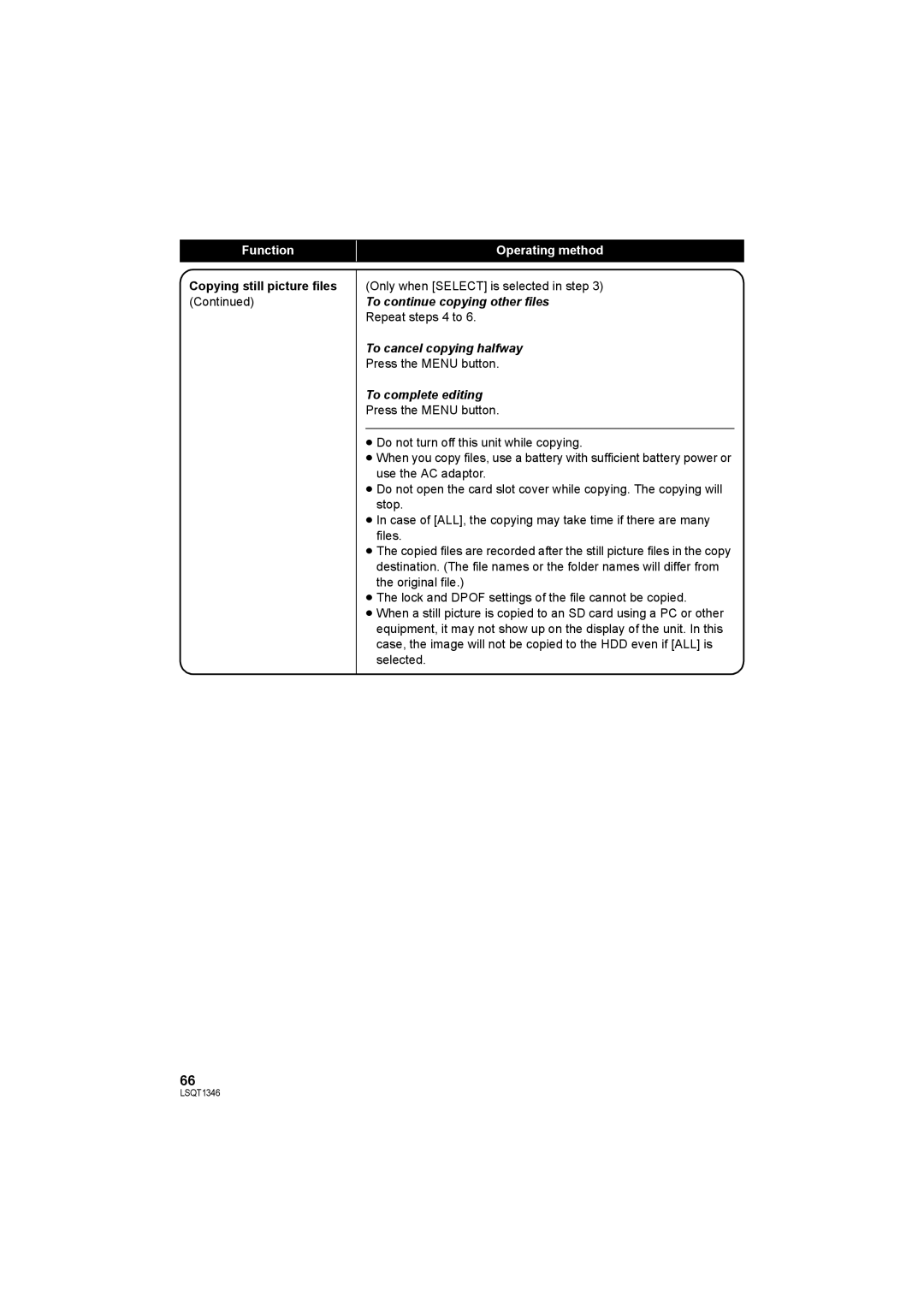 Panasonic SDR-H50 Copying still picture files, To continue copying other files, To cancel copying halfway 