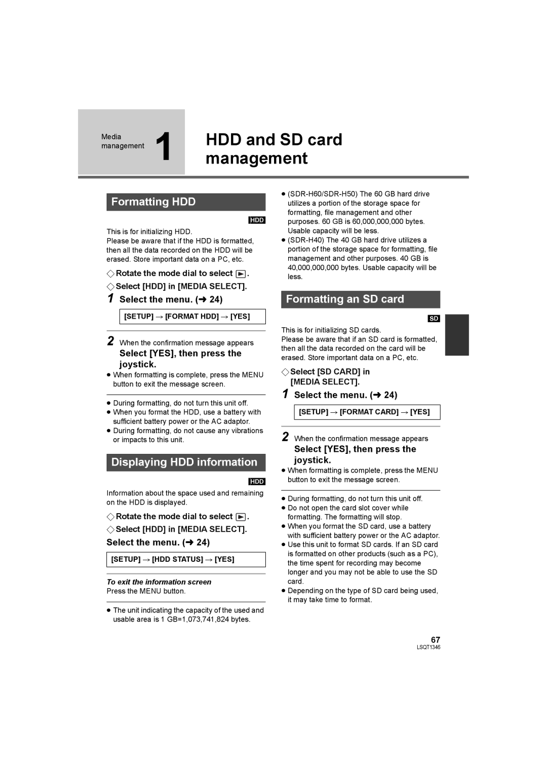 Panasonic SDR-H50 HDD and SD card, Management, Formatting HDD, Displaying HDD information, Formatting an SD card 