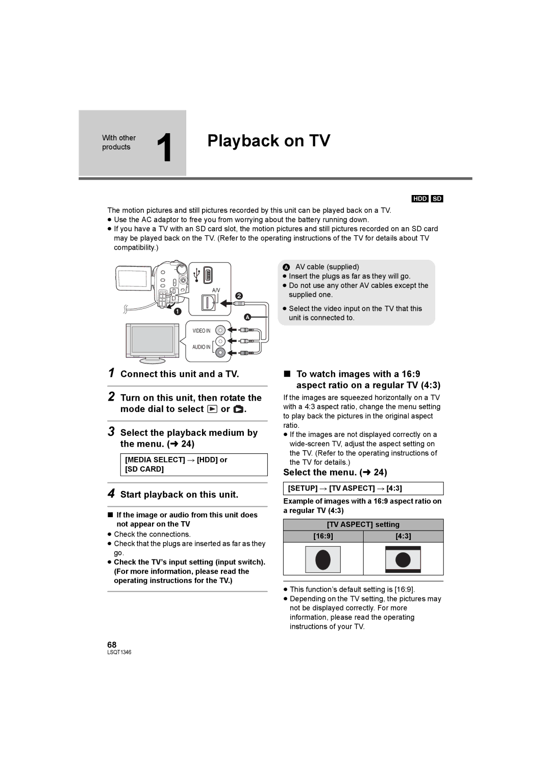 Panasonic SDR-H50 Playback on TV, Start playback on this unit, To watch images with a 169 aspect ratio on a regular TV 