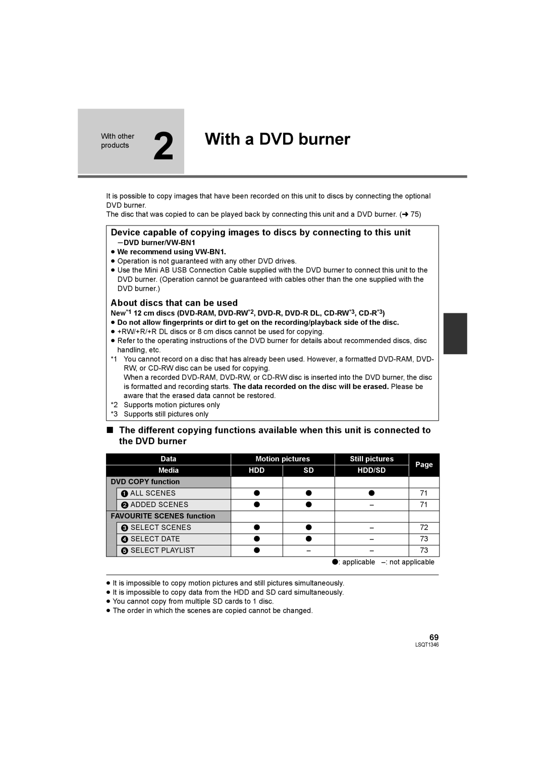 Panasonic SDR-H50 With a DVD burner, About discs that can be used, SDVD burner/VW-BN1 ≥ We recommend using VW-BN1 