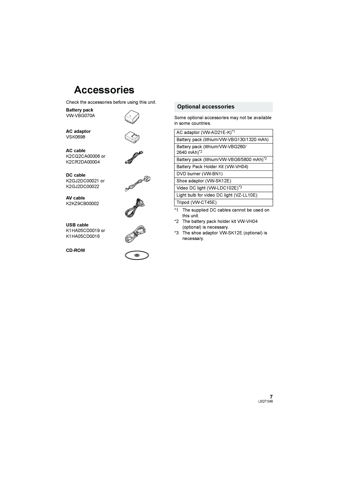 Panasonic SDR-H50 operating instructions Accessories, Optional accessories, Cd-Rom 