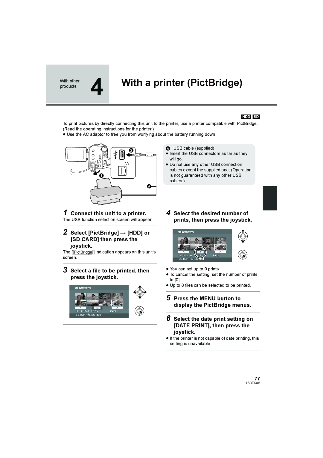 Panasonic SDR-H50 operating instructions With a printer PictBridge, Connect this unit to a printer 