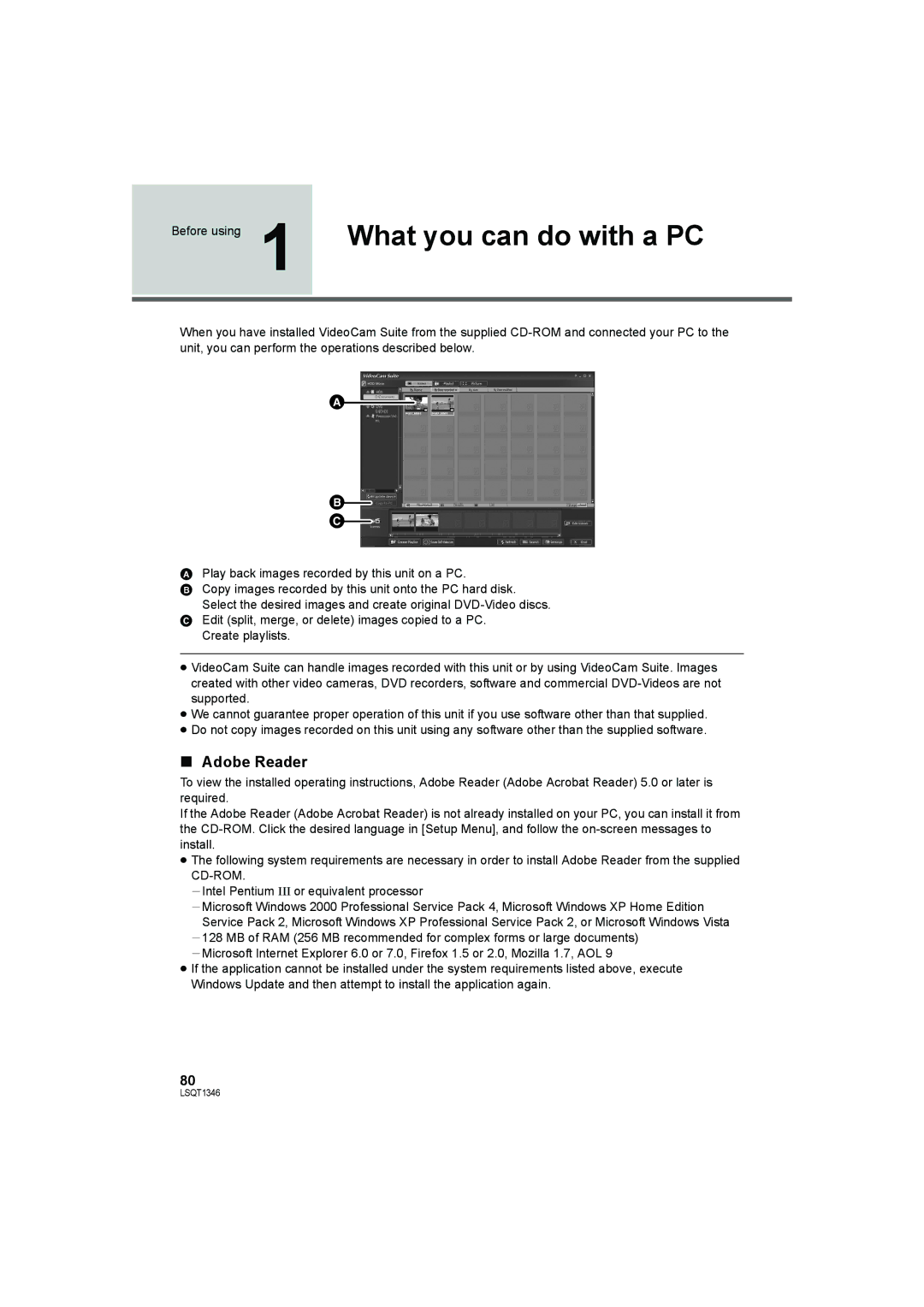 Panasonic SDR-H50 operating instructions What you can do with a PC, Adobe Reader 