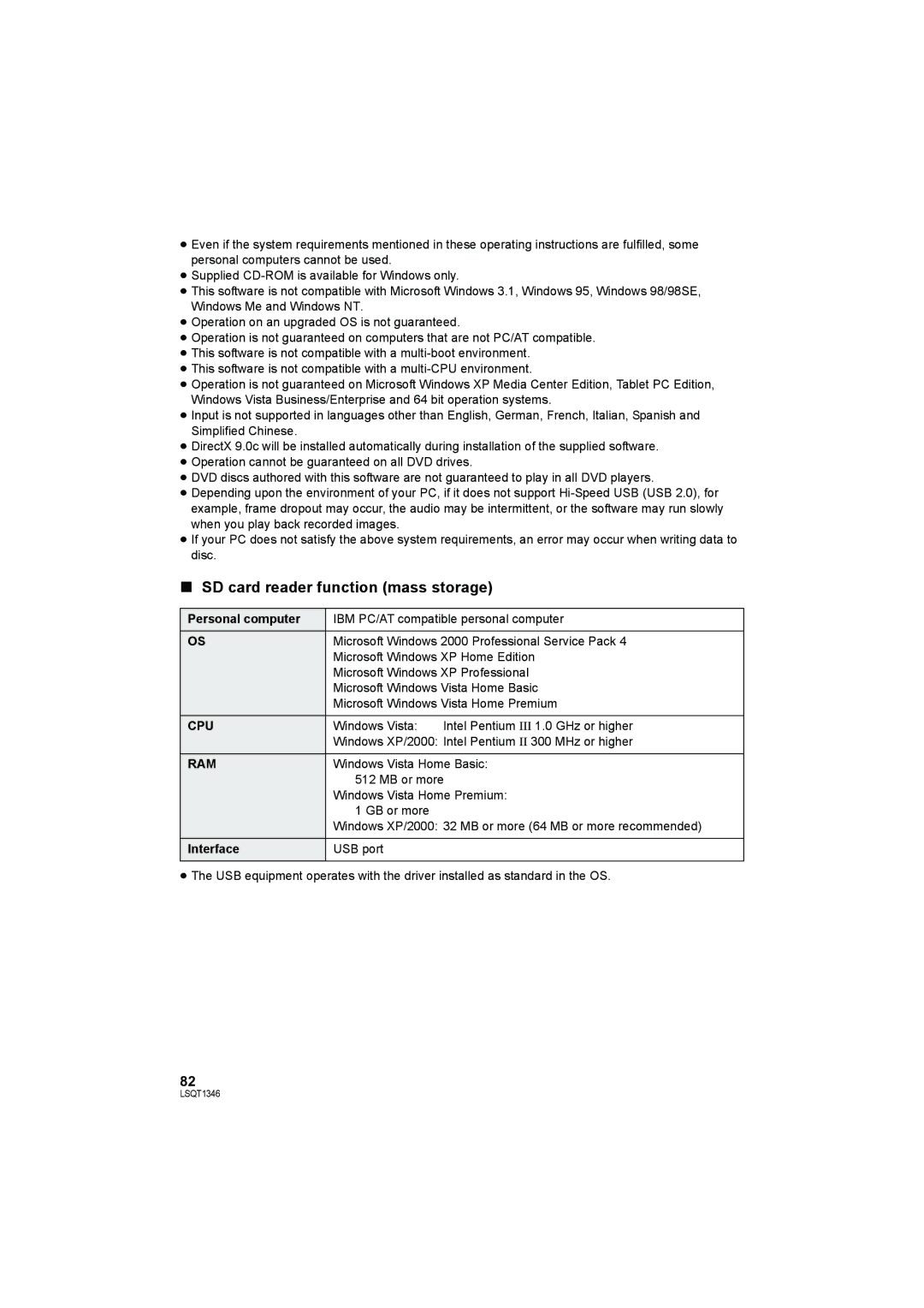 Panasonic SDR-H50 operating instructions SD card reader function mass storage 