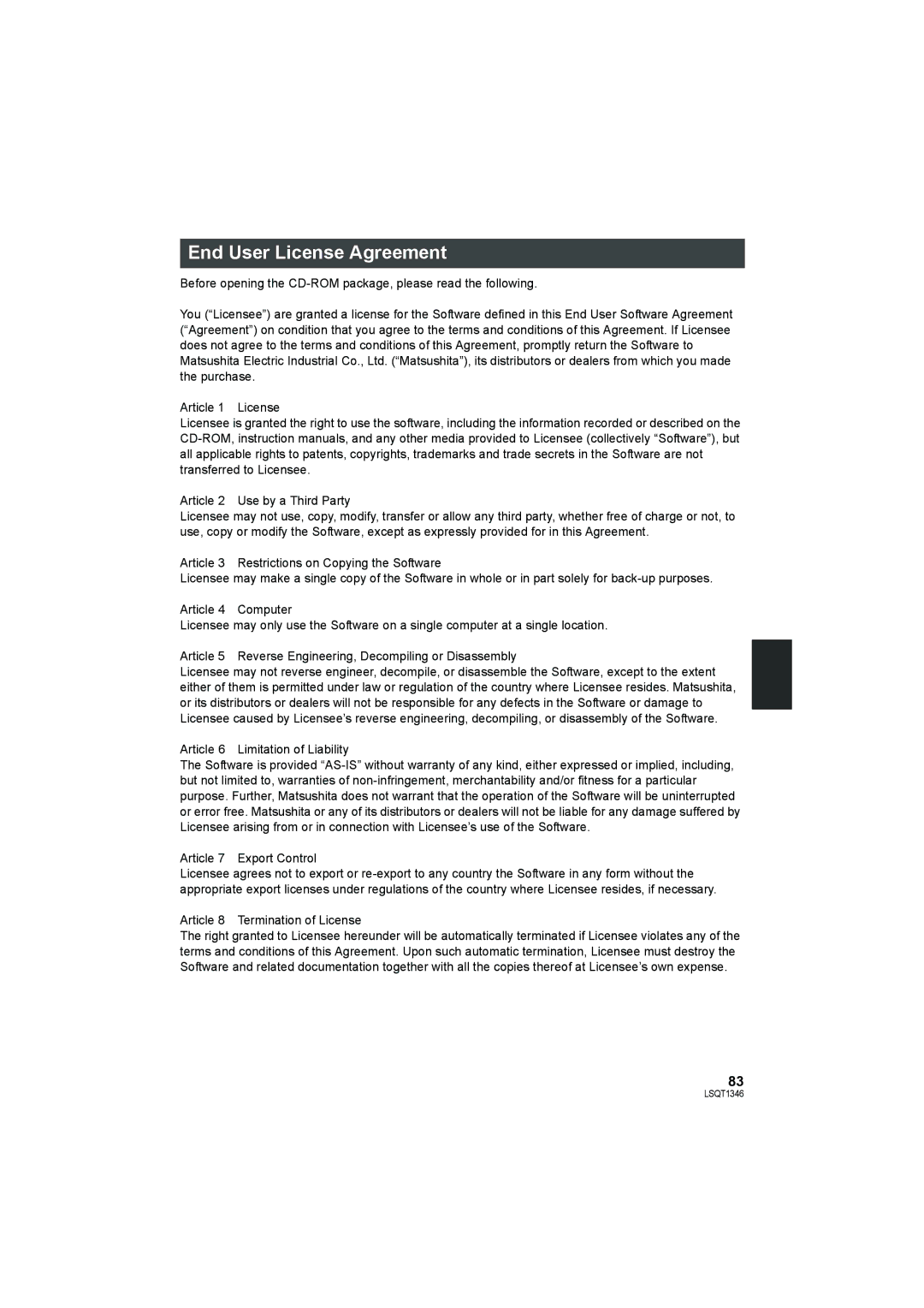 Panasonic SDR-H50 operating instructions End User License Agreement, Article 8 Termination of License 