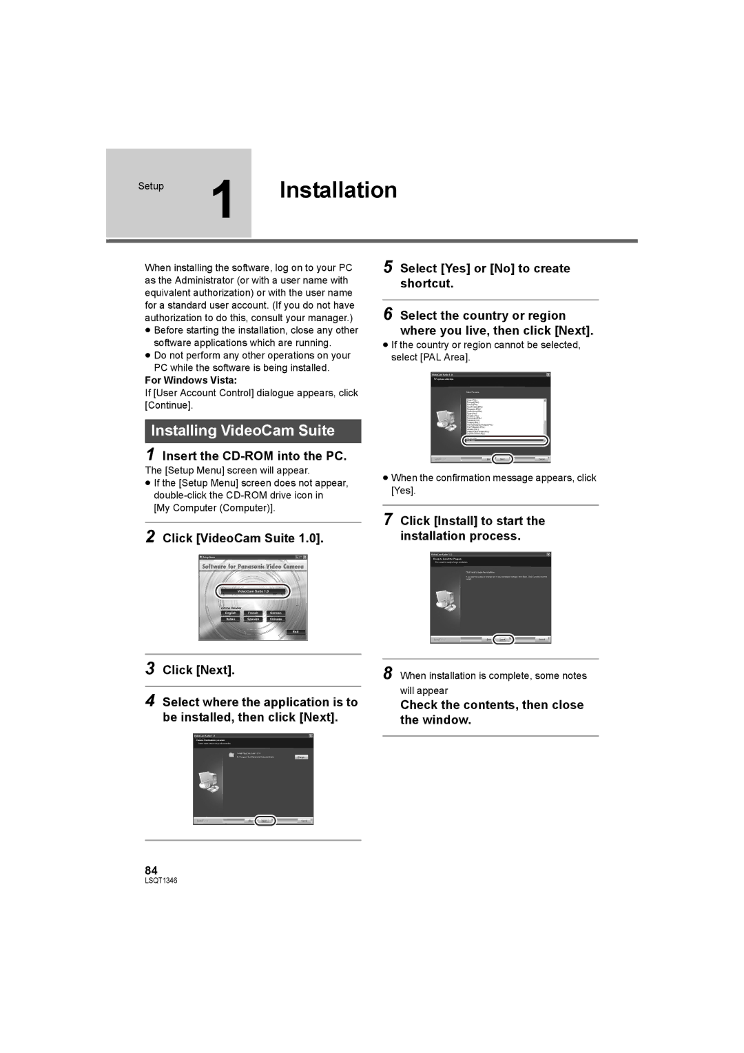 Panasonic SDR-H50 operating instructions Setup 1 Installation, Installing VideoCam Suite, Insert the CD-ROM into the PC 