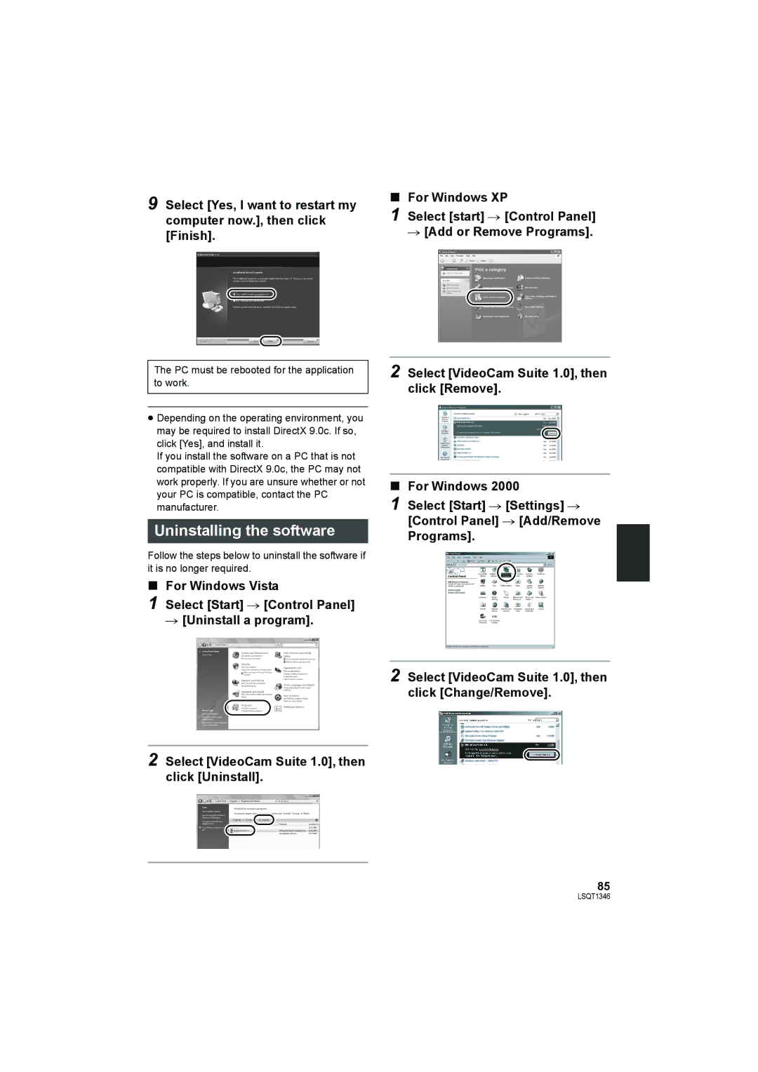 Panasonic SDR-H50 operating instructions Uninstalling the software 