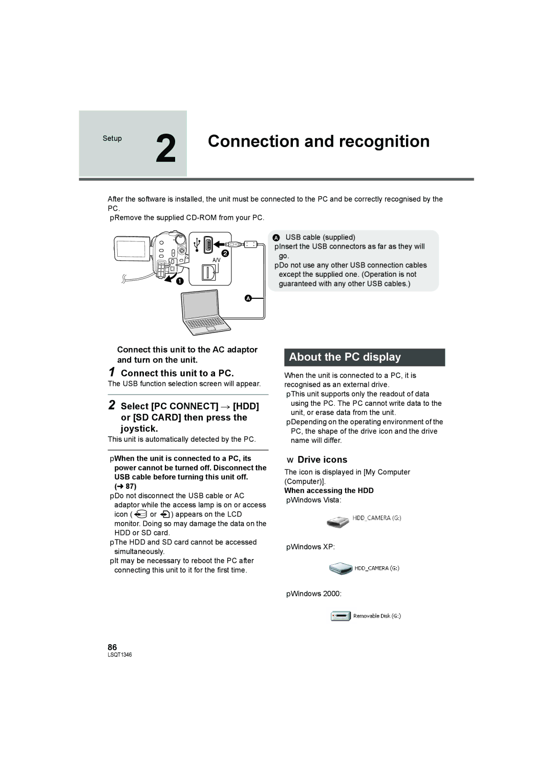 Panasonic SDR-H50 Connection and recognition, About the PC display, Connect this unit to a PC, Drive icons 