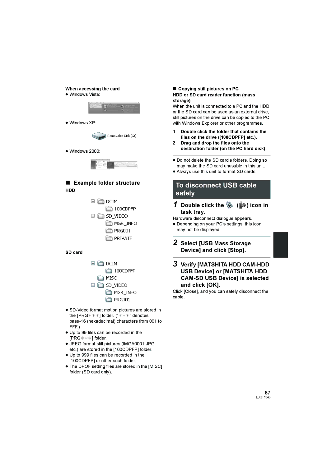 Panasonic SDR-H50 To disconnect USB cable safely, Example folder structure, Double click the icon in task tray 