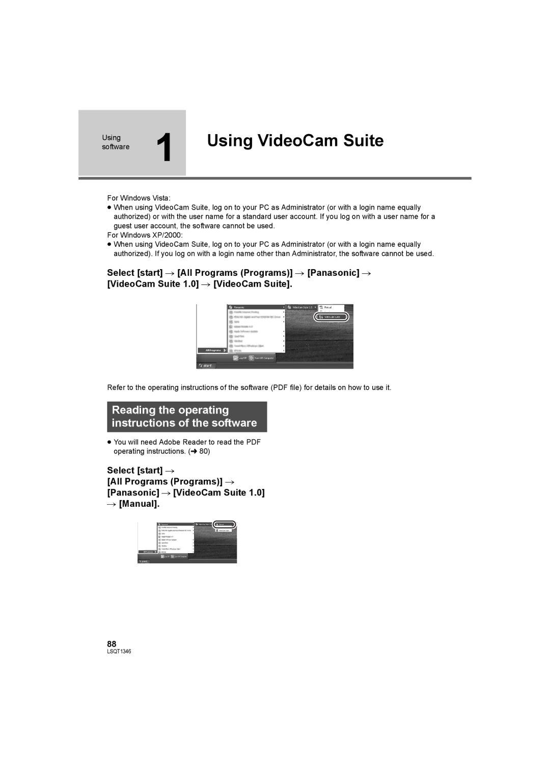 Panasonic SDR-H50 Using VideoCam Suite, Reading the operating instructions of the software 