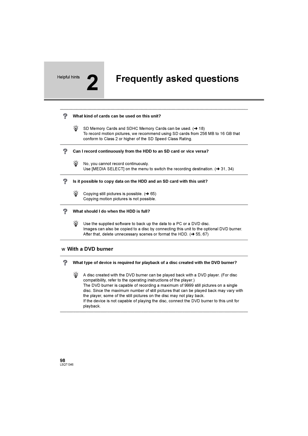 Panasonic SDR-H50 Frequently asked questions, With a DVD burner, What kind of cards can be used on this unit? 