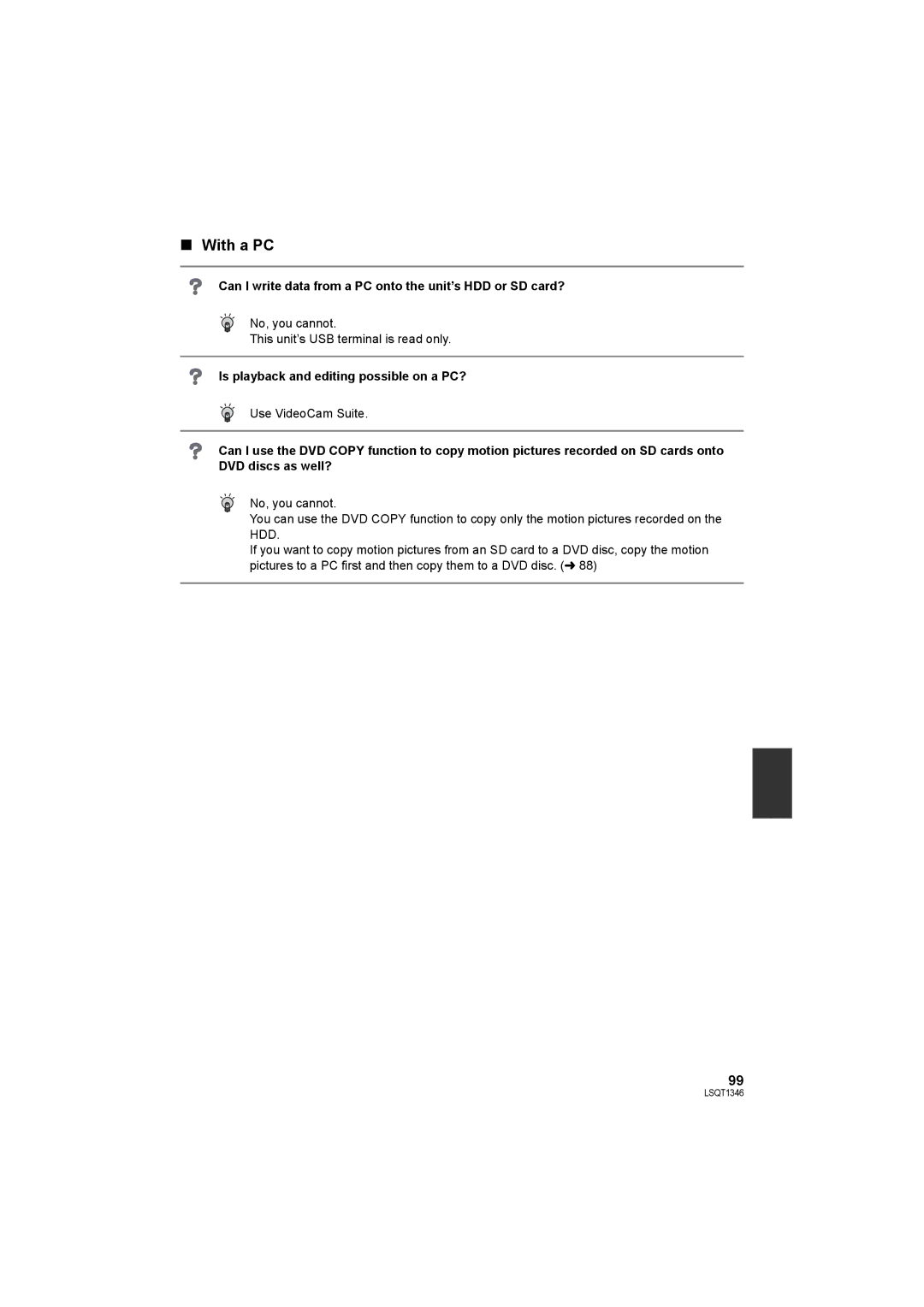 Panasonic SDR-H50 operating instructions With a PC, Can I write data from a PC onto the unit’s HDD or SD card? 