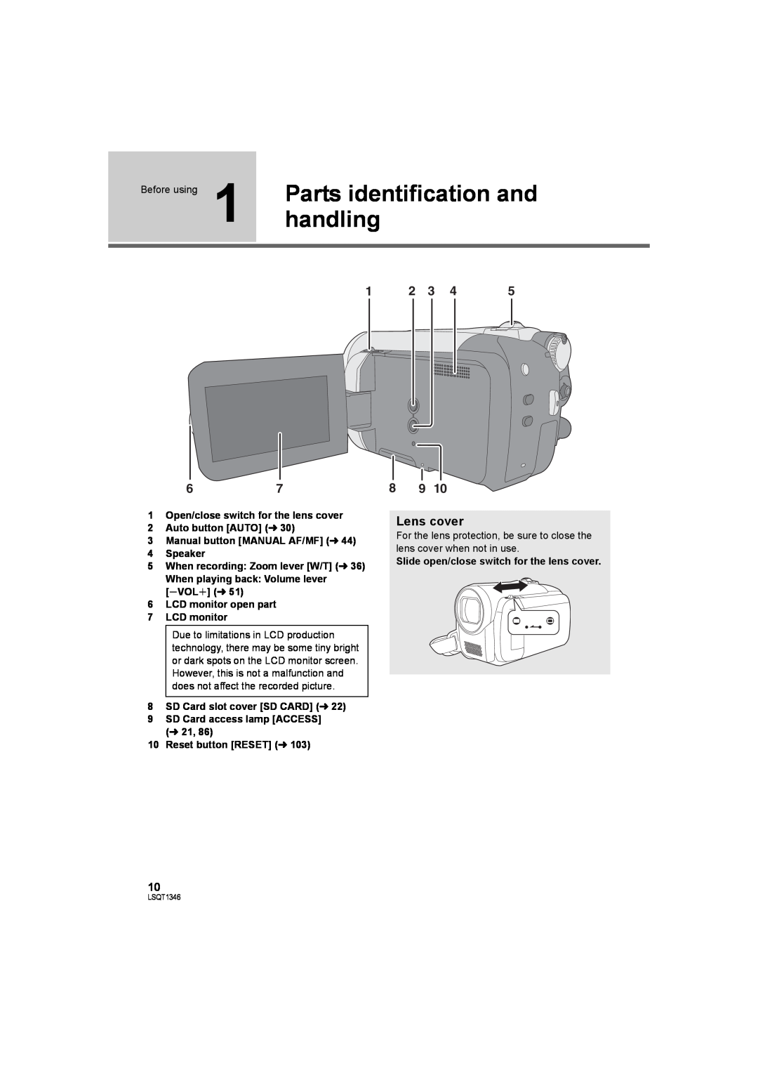 Panasonic SDR-H50 Parts identification and, handling, Lens cover, Before using, Manual button MANUAL AF/MF l 4 Speaker 