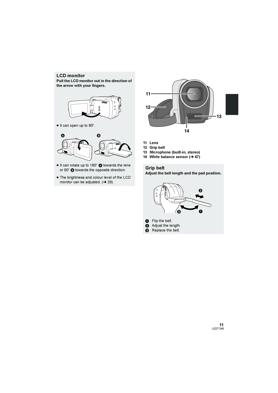 Panasonic SDR-H50 LCD monitor, Lens 12 Grip belt 13 Microphone built-in, stereo, White balance sensor l, LSQT1346 